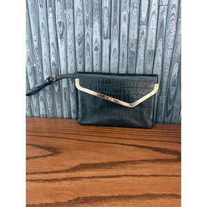 Henri Bendel Deb Black Croc Embossed Leather Wristlet Clutch Gold V Hardware